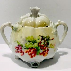 Antique German Sugar Jam Bowl With Lid Handles Grape Clusters Luster Iridescent